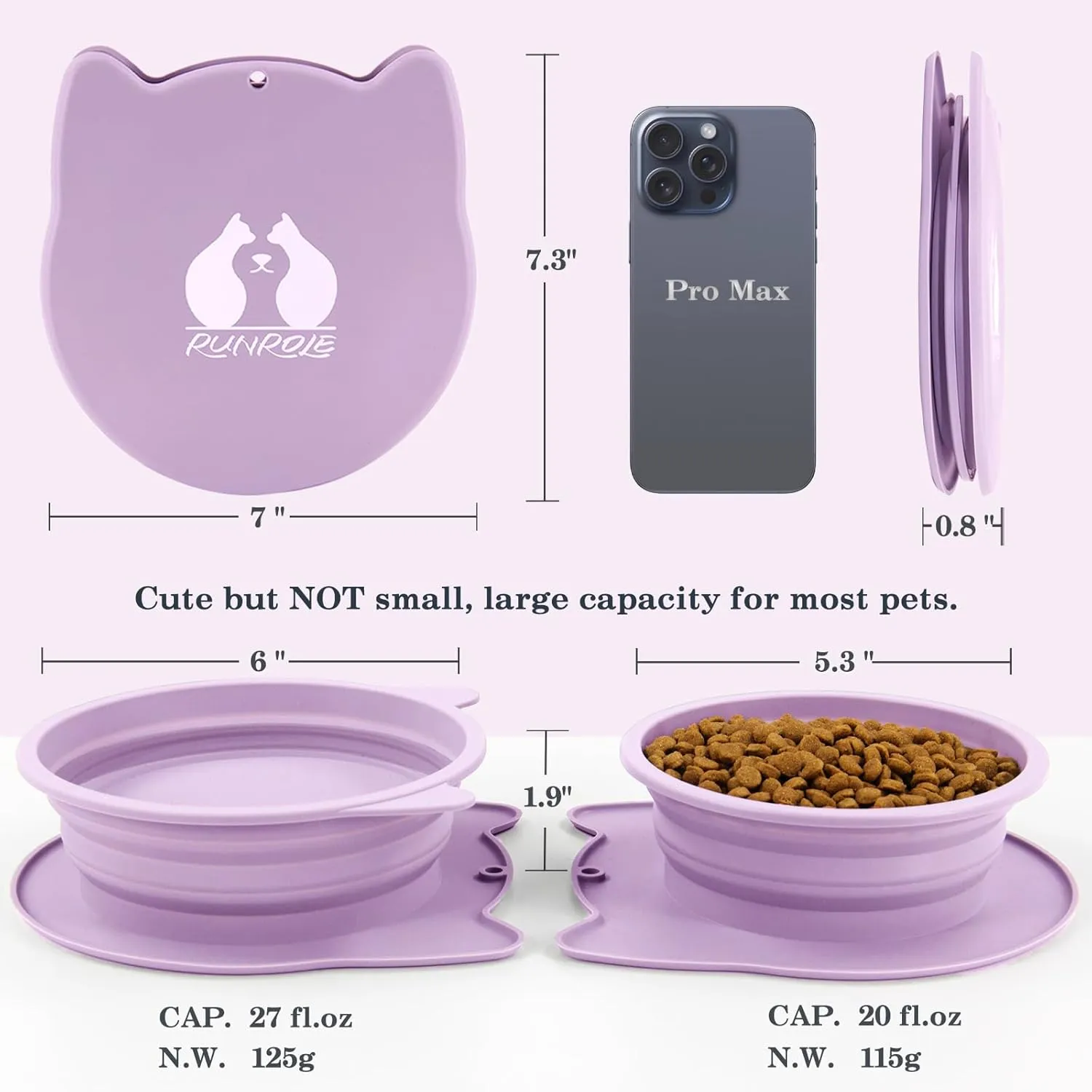 2-in-1 Collapsible Silicone Dog Travel Bowls, Slot Together and Use Separately, Portable Pet Food Water Bowls, Foldable Cat Feeding Watering Dishes, 20OZ 27OZ(Purple)