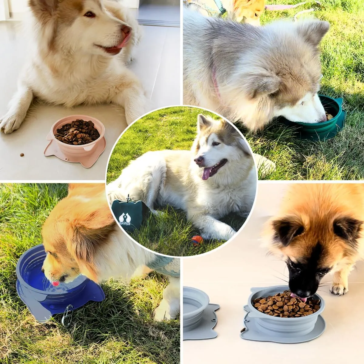 2-in-1 Collapsible Silicone Dog Travel Bowls, Slot Together and Use Separately, Portable Pet Food Water Bowls, Foldable Cat Feeding Watering Dishes, 20OZ 27OZ(Purple)