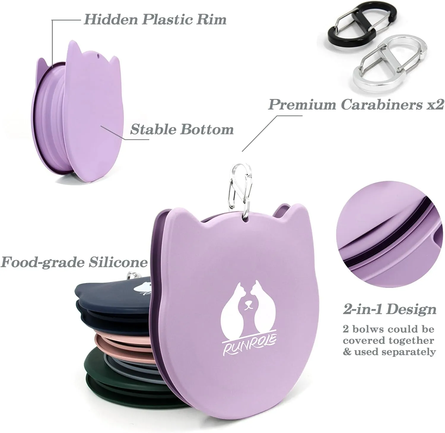 2-in-1 Collapsible Silicone Dog Travel Bowls, Slot Together and Use Separately, Portable Pet Food Water Bowls, Foldable Cat Feeding Watering Dishes, 20OZ 27OZ(Purple)