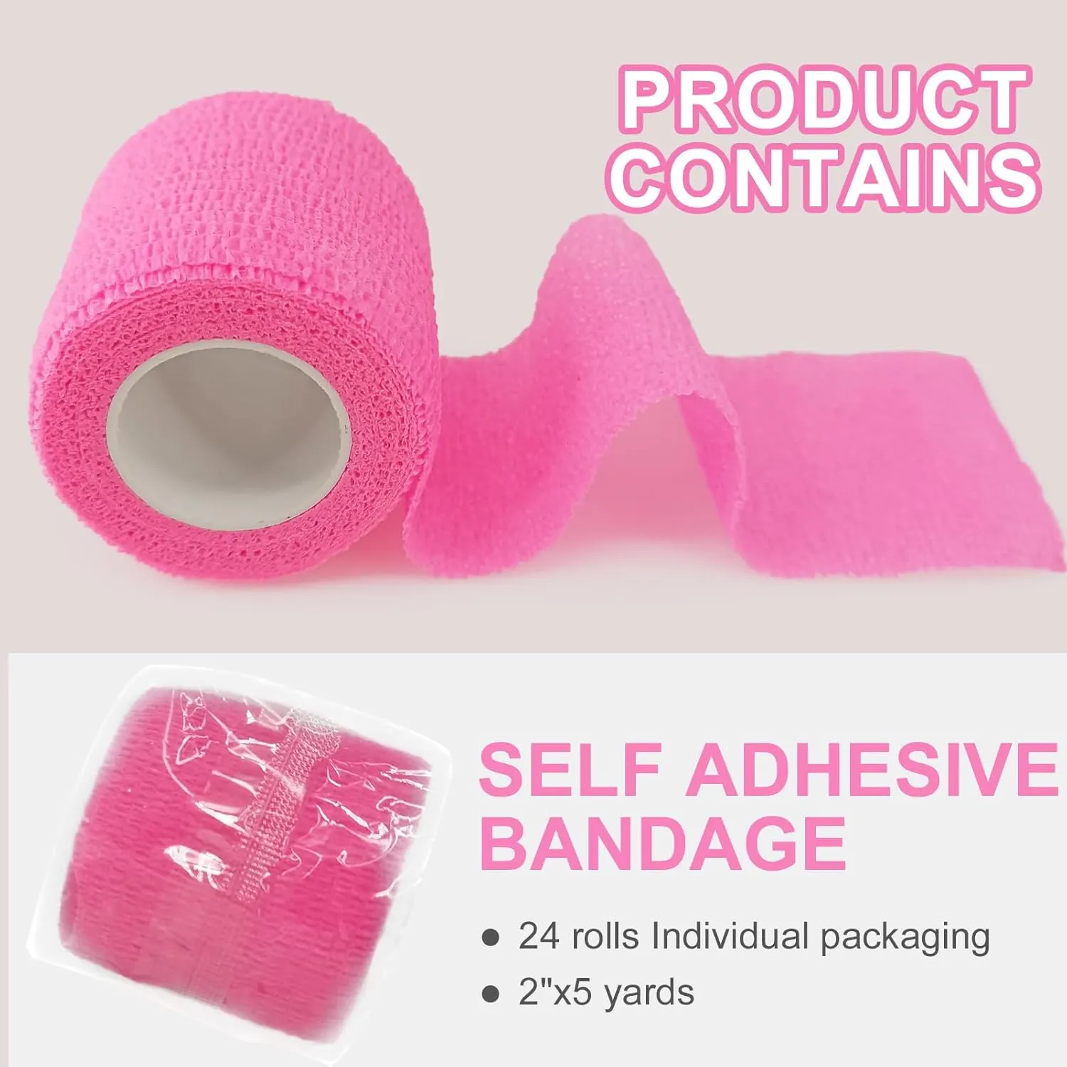 24 Pack Self Adhesive Bandage Wrap, 2 x 5 Yards Cohesive Medical Tape Elastic Grip Tape Black Sports Tape Athletic for Ankle, Wrist Sprains, Pet First Aid (Pink, 2 Inch)