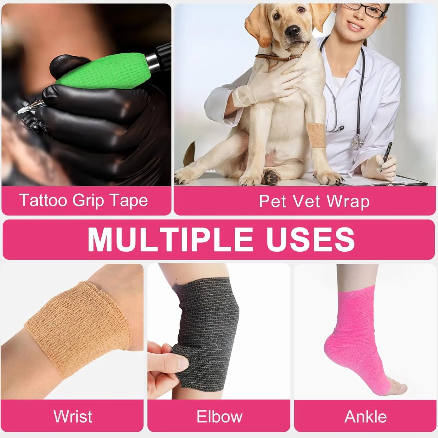 24 Pack Self Adhesive Bandage Wrap, 2 x 5 Yards Cohesive Medical Tape Elastic Grip Tape Black Sports Tape Athletic for Ankle, Wrist Sprains, Pet First Aid (Pink, 2 Inch)