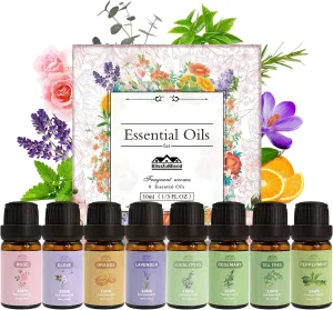 8 Pack 10 ML 2025 Pure Aromatherapy Essential Oil Set Pure Essential Oil Kit for Diffuser for Home,Candle Making Peppermint, Lavender,Eucalyptus,Tea Tree,Rose, Rosemary,Clove Orange