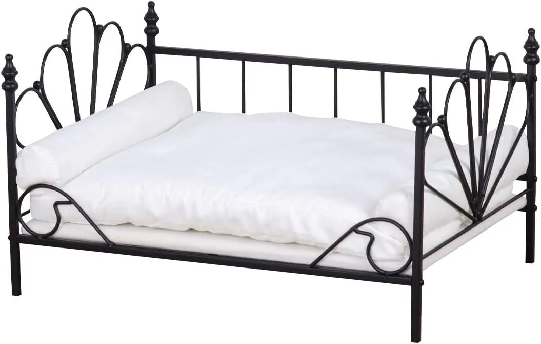 Babyland Bed for Dog, Pet Couch Bed with Metal Frame and Detached White Velvet Cushion with 2 Pillow for Small Pet