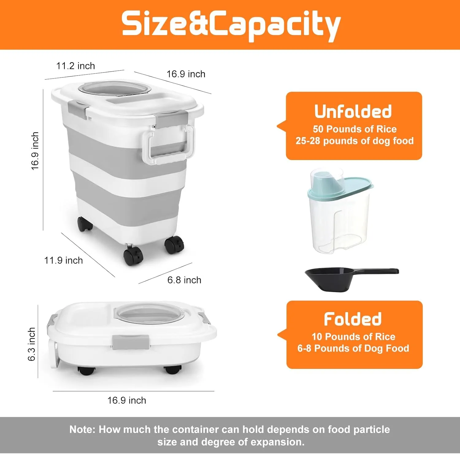 Beyoung 25-28lbs Airtight Dog Food Storage Containers with Wheels and Lids, Collapsible Pet Food Storage Bins with Handle, 50lb Rice Storage Bucket with Scoop, Dry Food Storage Bins (Gray)