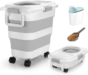 Beyoung 25-28lbs Airtight Dog Food Storage Containers with Wheels and Lids, Collapsible Pet Food Storage Bins with Handle, 50lb Rice Storage Bucket with Scoop, Dry Food Storage Bins (Gray)