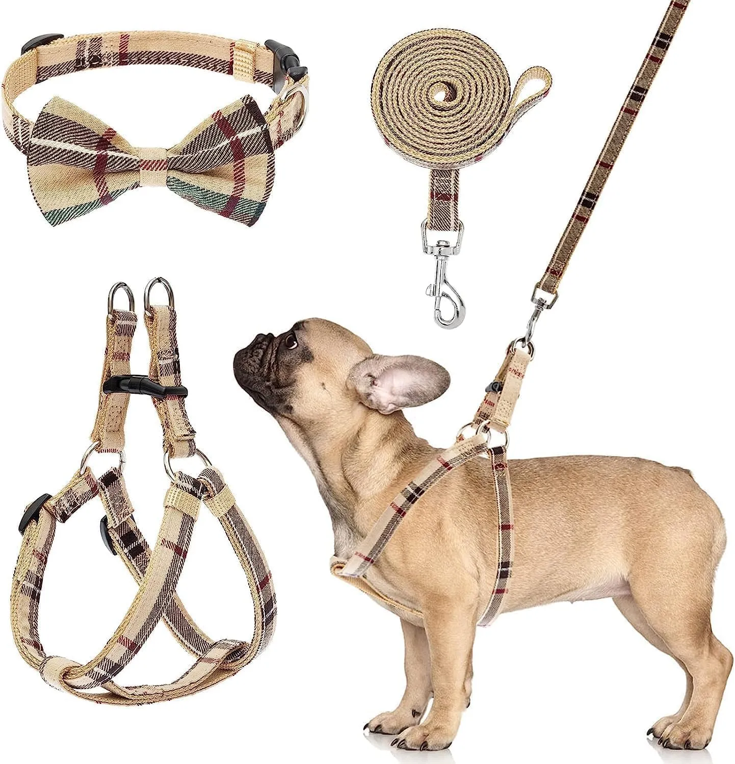 BINGPET Dog Harness Collar Leash Set,Adjustable No Pull Escape Proof Small Dog Harness,Classic Plaid Puppy Harness and Leash Set for Small Medium Large Dogs Training Easy Walk Running(Beige,M)