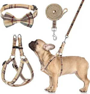 BINGPET Dog Harness Collar Leash Set,Adjustable No Pull Escape Proof Small Dog Harness,Classic Plaid Puppy Harness and Leash Set for Small Medium Large Dogs Training Easy Walk Running(Beige,M)