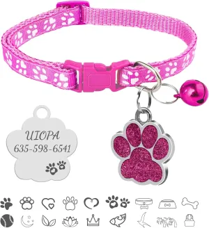 CAMAL Breakaway Cat Collar with Name Tag, Glitter Paw Print Personalized Cat Tags on Kitten Collar with Bell for Girl and Boy Cats (Rose Red)