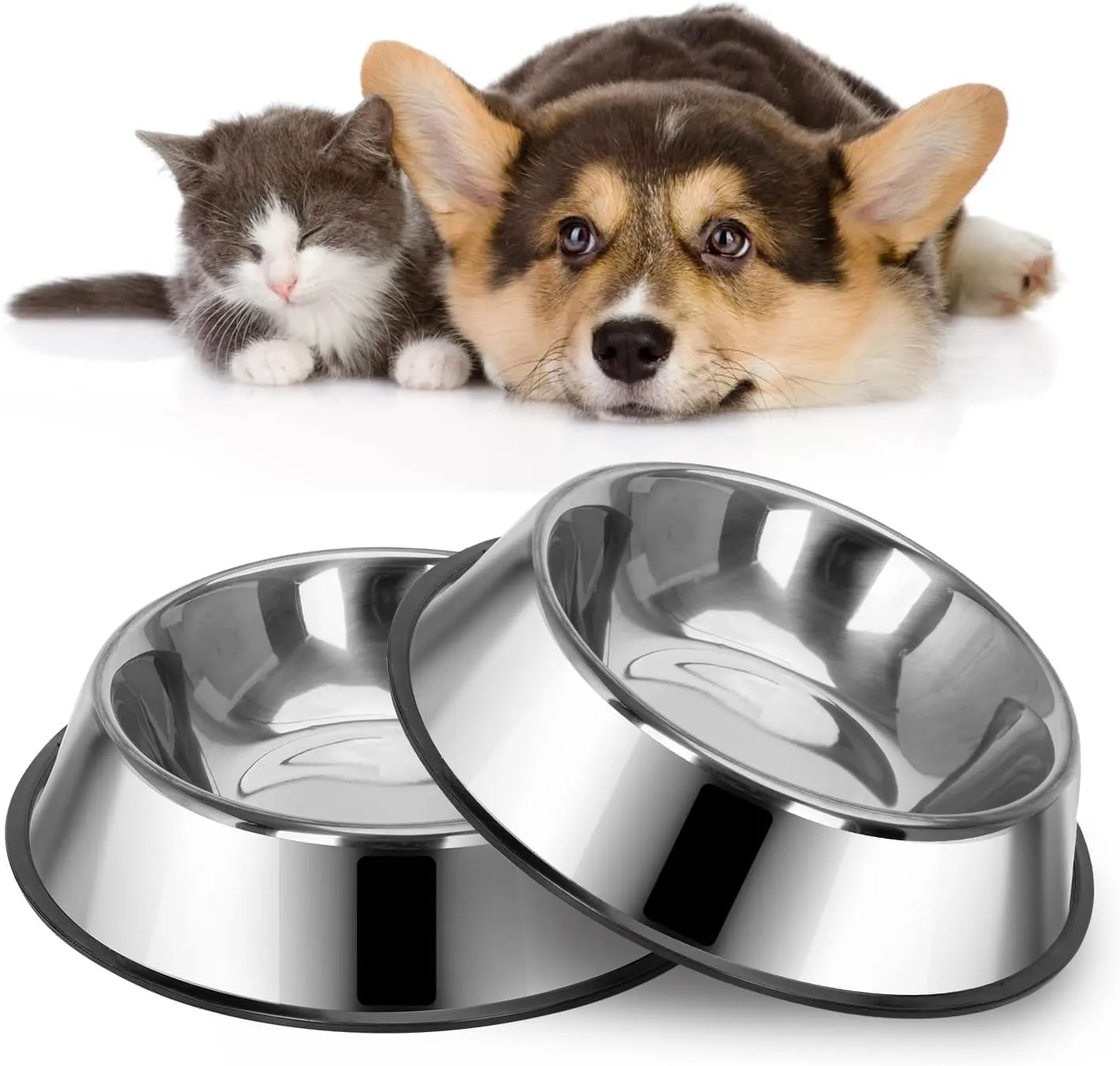 Dog Bowls Puppy Feeding Bowls Pet Bowls for Food and Water,2 Pack Stainless Steel Dog Bowls with Non Slip Base Medium -500 ml, 21.5 cm/ 8.5 in Diameter for Dogs Cats