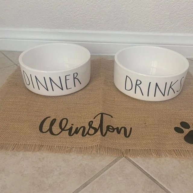 Dog Food and Water Bowls: Ceramic Funny Dinner and Drinks Pet Bowls, 2 Sizes