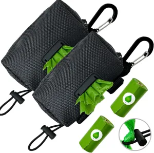 Dog Poop Bag Holder (2 Pack) Poop Bag Holder for Leash Attachment, Doggie Pet Waste Bag Dispenser, Puppy Potty Carrier Small Doggy Zipper Pouch with Carabiner Clip, Black