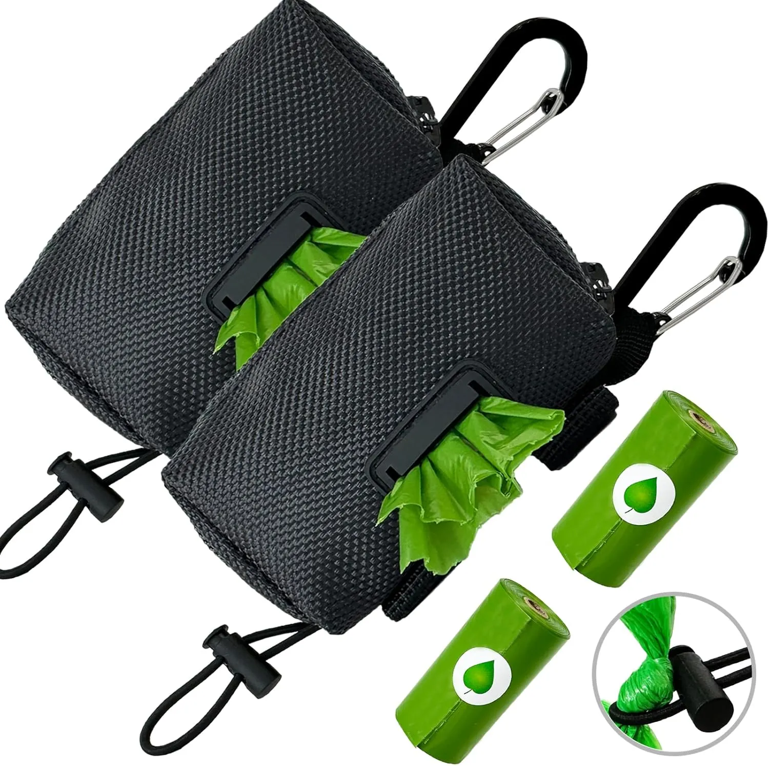 Dog Poop Bag Holder (2 Pack) Poop Bag Holder for Leash Attachment, Doggie Pet Waste Bag Dispenser, Puppy Potty Carrier Small Doggy Zipper Pouch with Carabiner Clip, Black