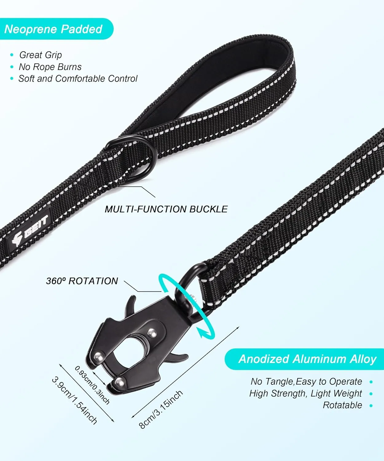 GEIT 4/5/6FT Heavy Duty Dog Leash, 2 Handles Reflective Rope Leashes, Walking Lead with Quick Release/Locking Tactical Frog Clip for Small Medium and Large Dogs, Black