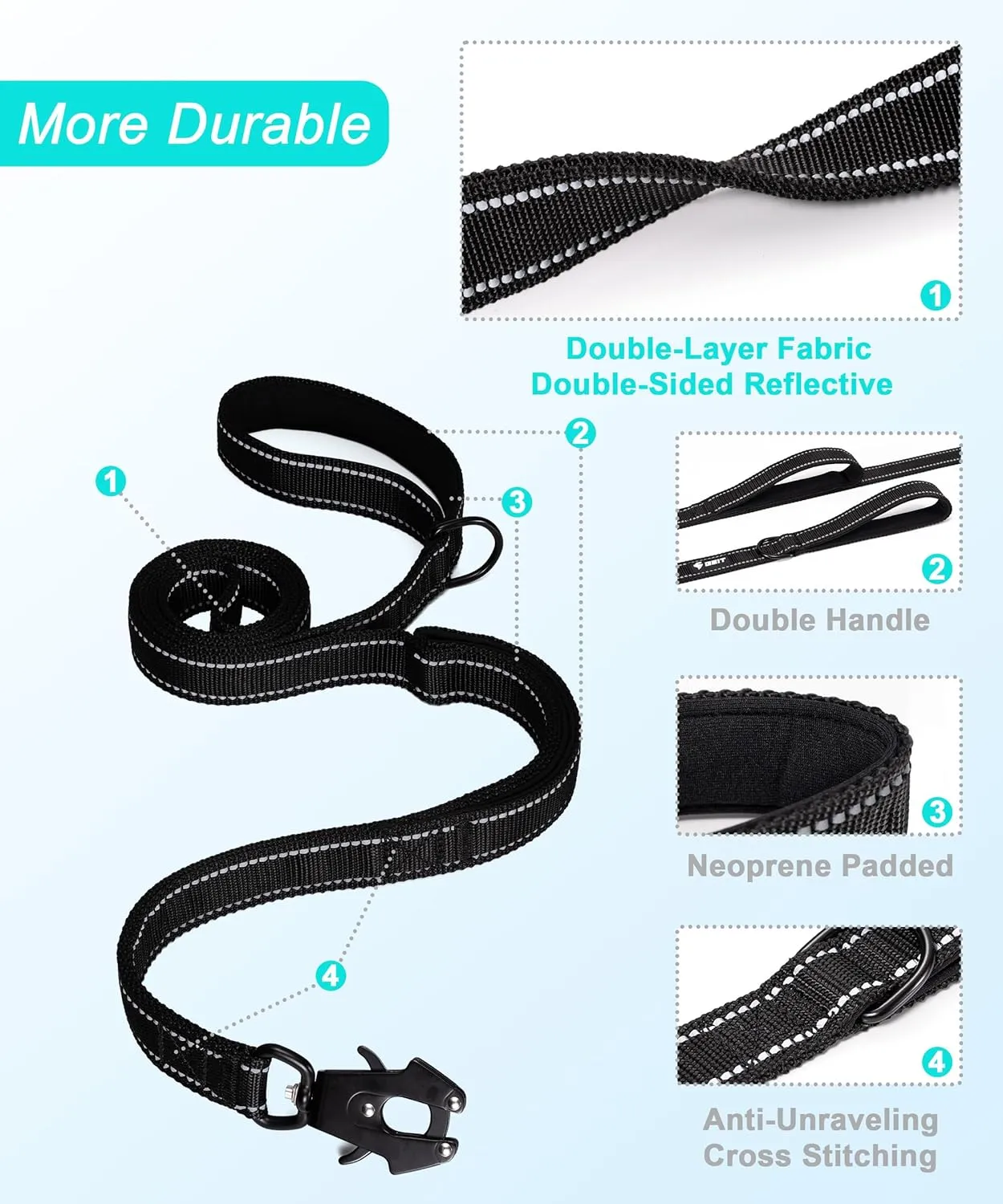 GEIT 4/5/6FT Heavy Duty Dog Leash, 2 Handles Reflective Rope Leashes, Walking Lead with Quick Release/Locking Tactical Frog Clip for Small Medium and Large Dogs, Black