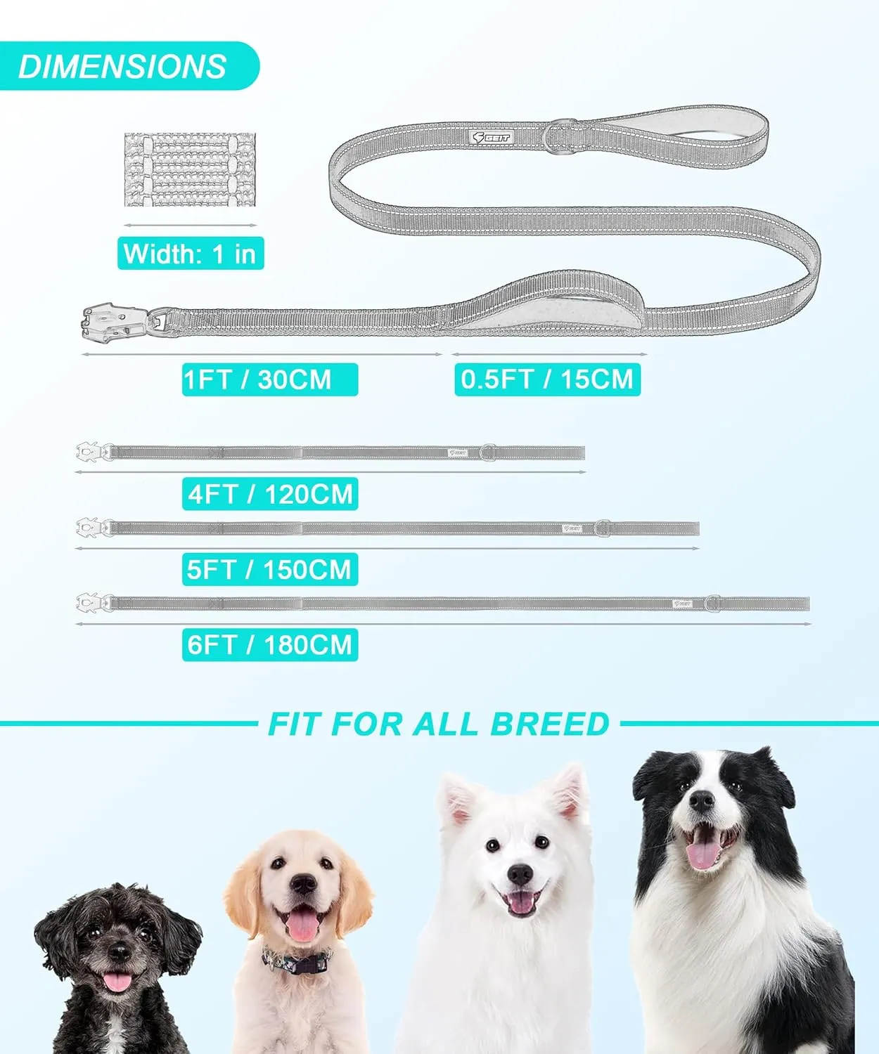 GEIT 4/5/6FT Heavy Duty Dog Leash, 2 Handles Reflective Rope Leashes, Walking Lead with Quick Release/Locking Tactical Frog Clip for Small Medium and Large Dogs, Black