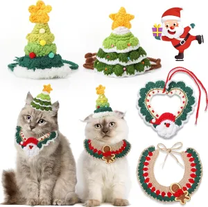 Geyoga 4 Pcs Pet Christmas Costume Suit for Cat Dog Santa Collar Christmas Tree Hat Knitted Adjustable Christmas Costume for Winter Holiday Puppy Kitten Pet Clothes Small Medium(Cute Design)