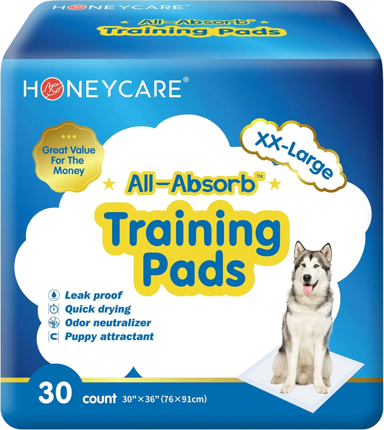 HONEY CARE All-Absorb, XXL 30"x36", 30 Count, Dog and Puppy Training Pads, Ultra Absorbent and Odor Eliminating, Leak-Proof 5-Layer Potty Training Pads with Quick-Dry Surface, Blue, A39