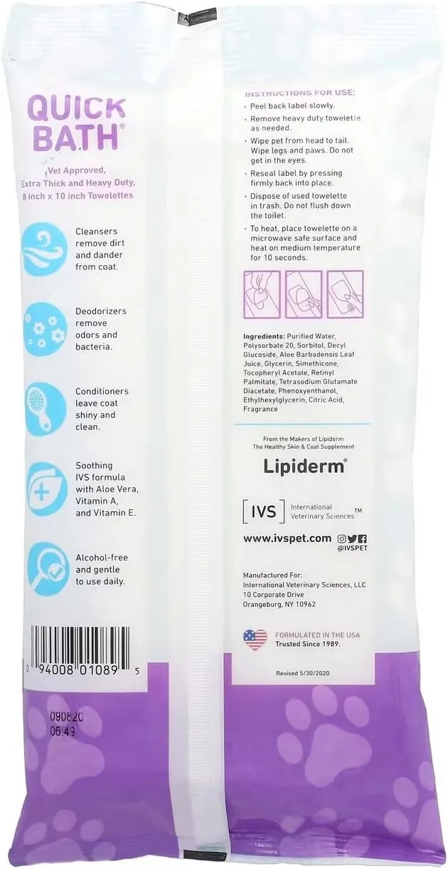 International Veterinary Sciences IVS Quick Bath Dog Towelettes, Removes Odor, Extra Thick and Heavy Duty for Large Dogs, Made in the USA, 10 Count Pack