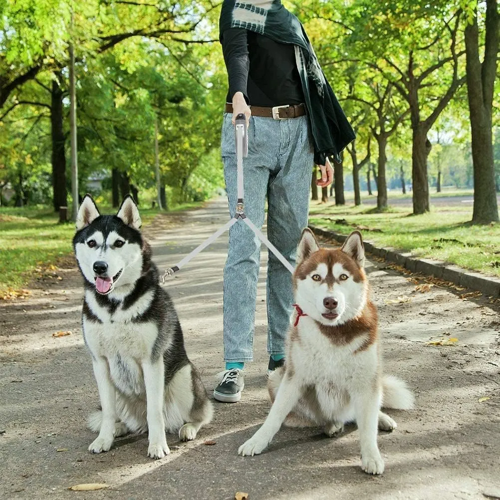 KOOLTAIL Dual Retractable Dog Leash for Two Dogs Up to 110 Lbs, Heavy Duty Double Headed 16 ft Flexi Extendable 360 Tangle-Free One Button & Lock Brake Dog Leash for Small Medium Large Dogs Grey