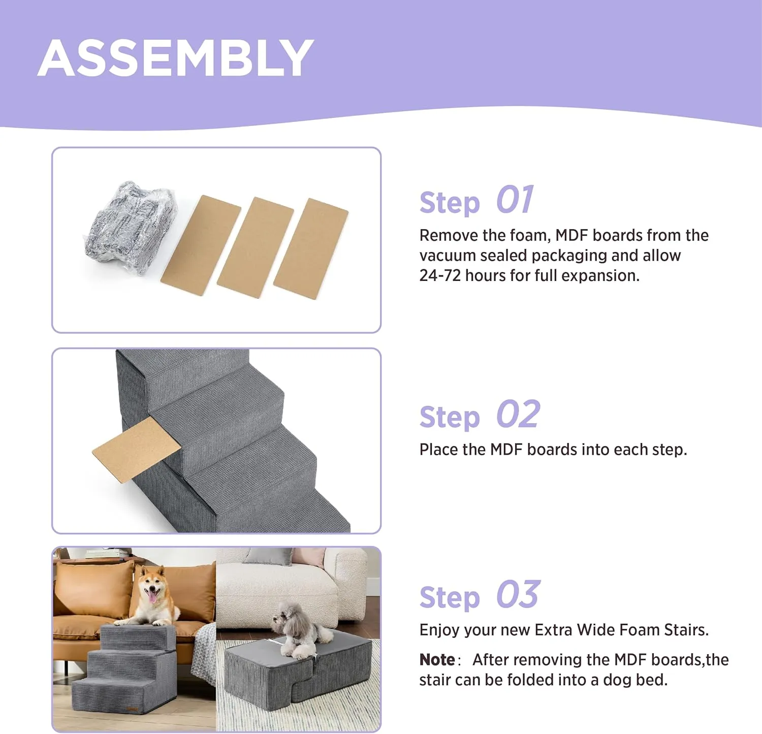 Lesure Dog Stairs for Small Dogs and Cats 16.5" H x 18" W Extra Wide 3-Step Foldable Foam Pet Steps for Couch Sofa and Chairs with Supporting Board and Non-Slip Bottom, Grey