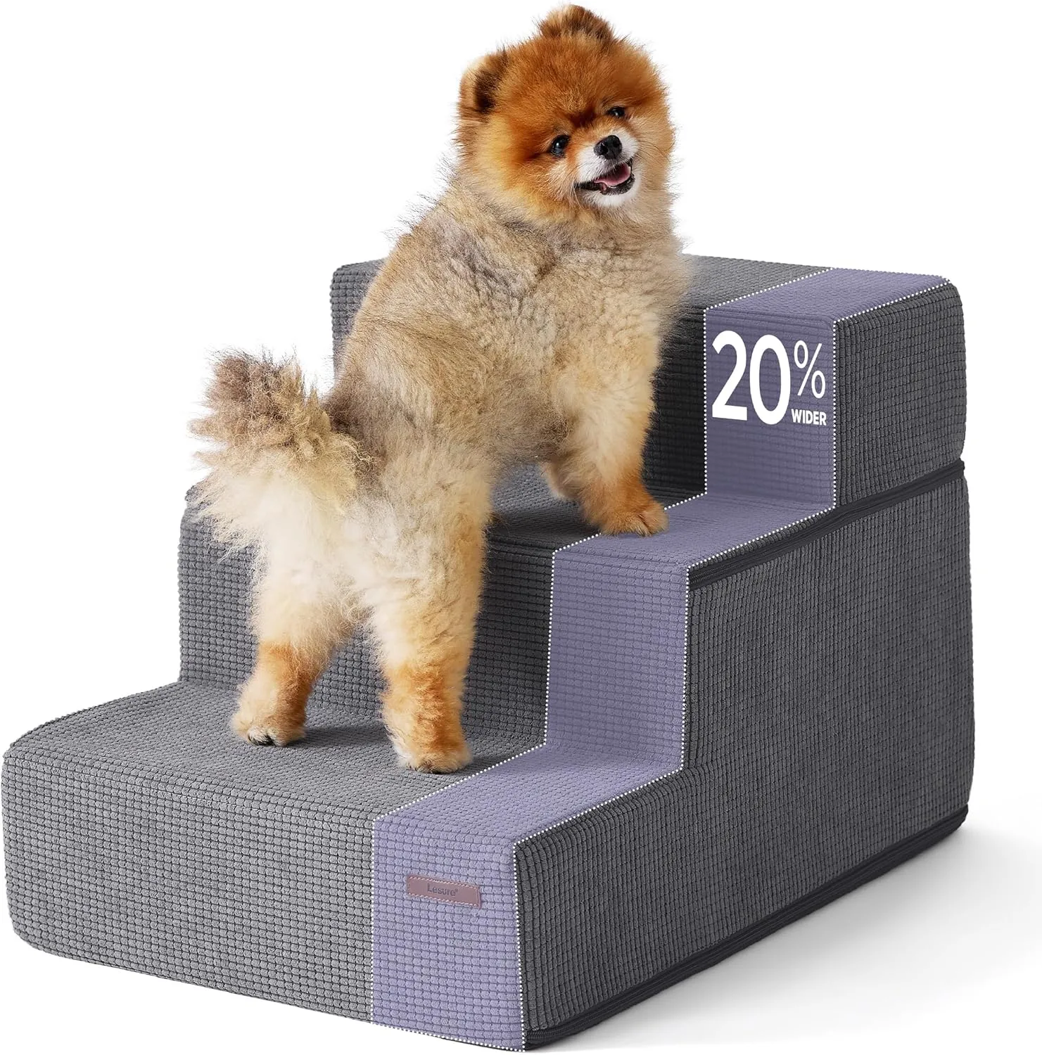 Lesure Dog Stairs for Small Dogs and Cats 16.5" H x 18" W Extra Wide 3-Step Foldable Foam Pet Steps for Couch Sofa and Chairs with Supporting Board and Non-Slip Bottom, Grey