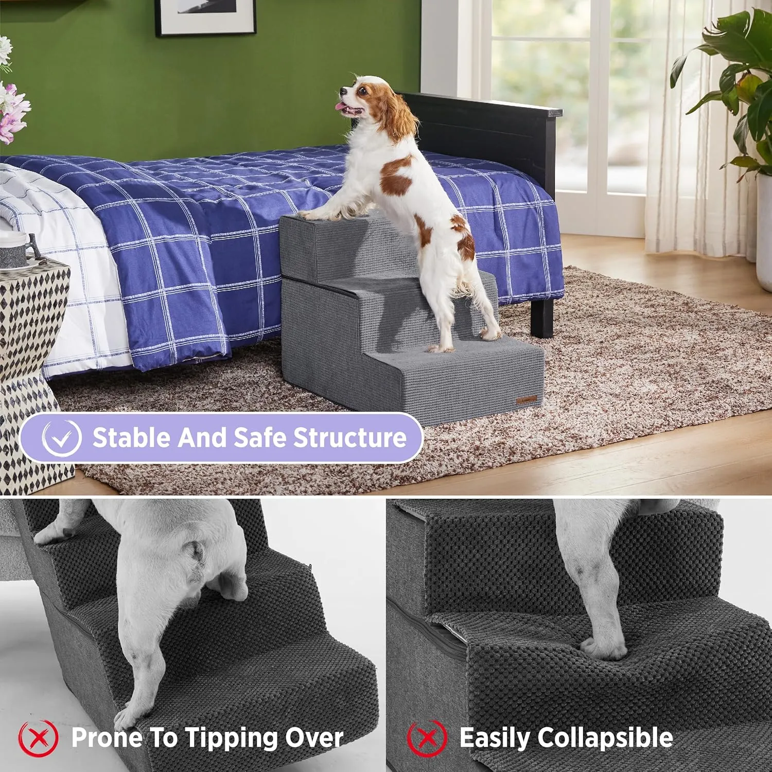 Lesure Dog Stairs for Small Dogs and Cats 16.5" H x 18" W Extra Wide 3-Step Foldable Foam Pet Steps for Couch Sofa and Chairs with Supporting Board and Non-Slip Bottom, Grey