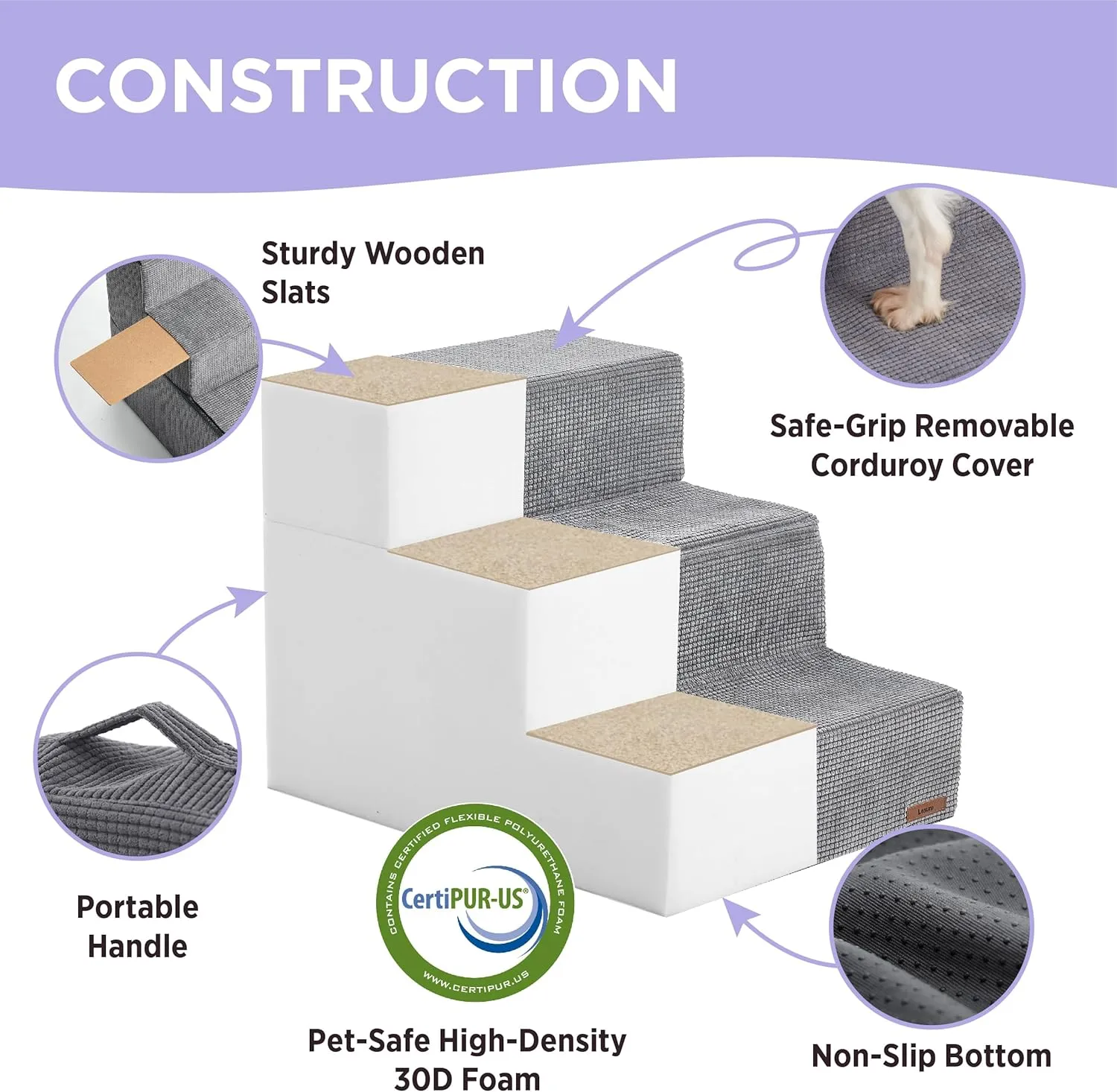 Lesure Dog Stairs for Small Dogs and Cats 16.5" H x 18" W Extra Wide 3-Step Foldable Foam Pet Steps for Couch Sofa and Chairs with Supporting Board and Non-Slip Bottom, Grey