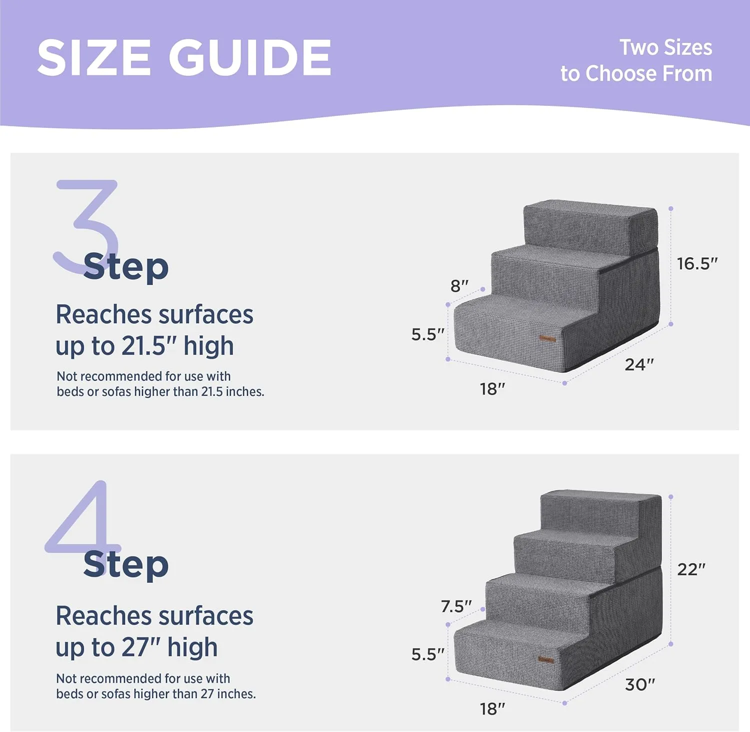 Lesure Dog Stairs for Small Dogs and Cats 16.5" H x 18" W Extra Wide 3-Step Foldable Foam Pet Steps for Couch Sofa and Chairs with Supporting Board and Non-Slip Bottom, Grey