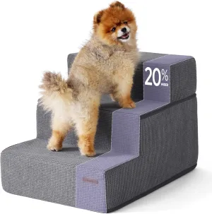 Lesure Dog Stairs for Small Dogs and Cats 16.5" H x 18" W Extra Wide 3-Step Foldable Foam Pet Steps for Couch Sofa and Chairs with Supporting Board and Non-Slip Bottom, Grey