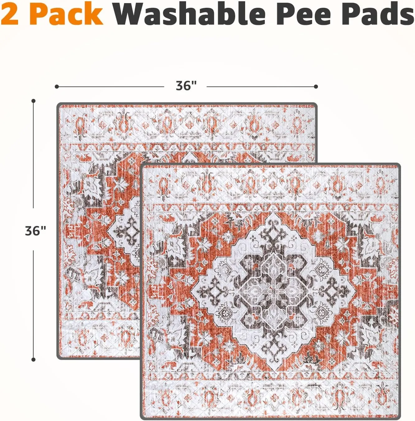 LOOBANI Washable Pee Pads for Dogs, 2 Pack Super Absorbent Reusable Puppy Pads Leakproof Dog Traning Pads, Waterproof Non-Slip Whelping Pad for Floor, Playpen, Crate, Couch-36 x36 (Red-Orange)