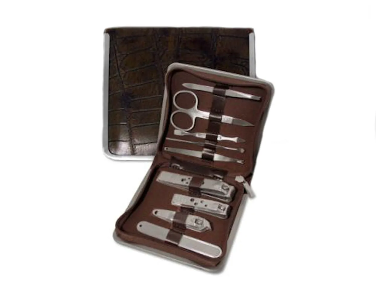 Manicure Set in Brown Mock Croc Leather Case (Large)