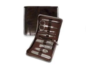 Manicure Set in Brown Mock Croc Leather Case (Large)