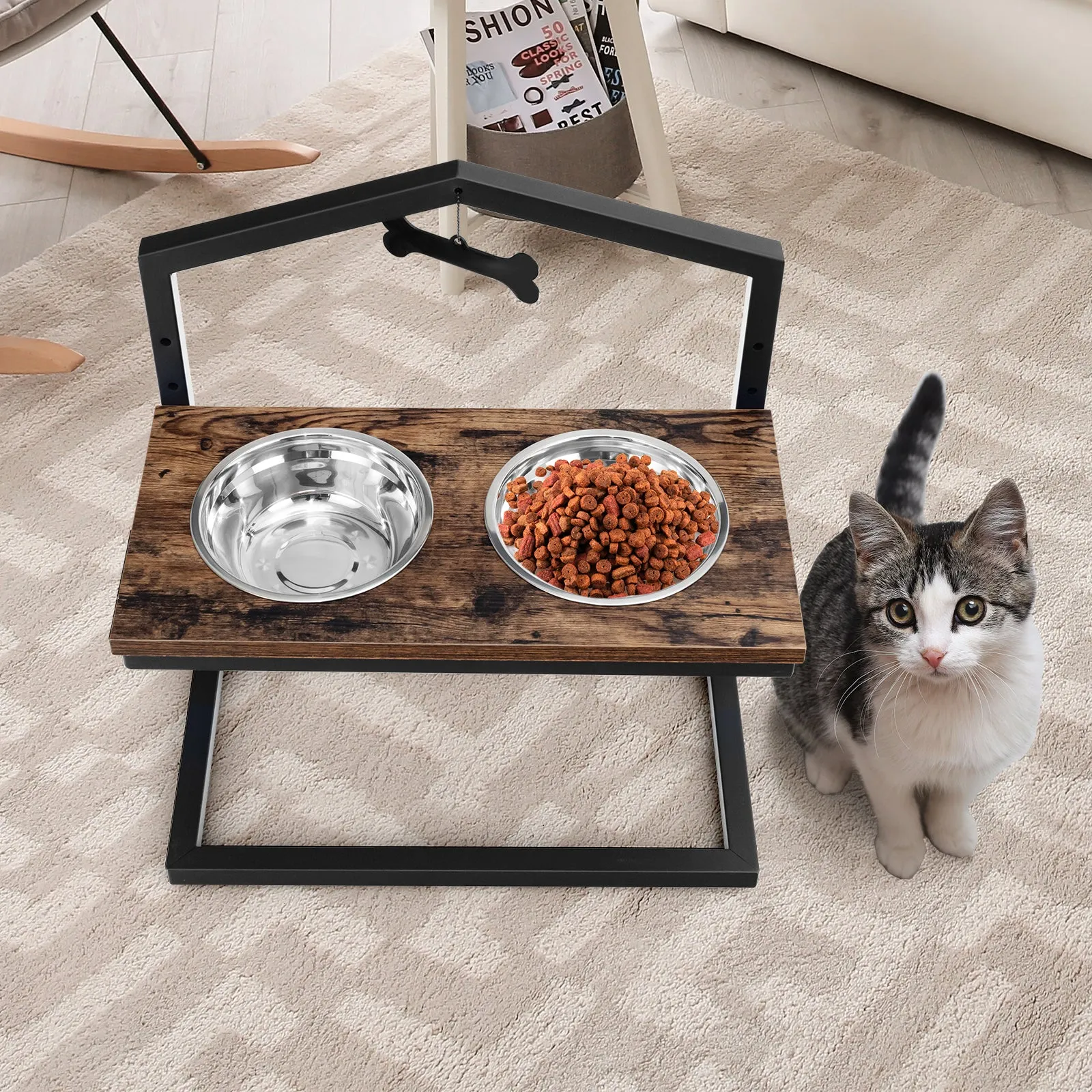 NNECW 5 Heights Elevated Pet Feeder with Detachable Stainless Steel Bowl for Dogs-Coffee