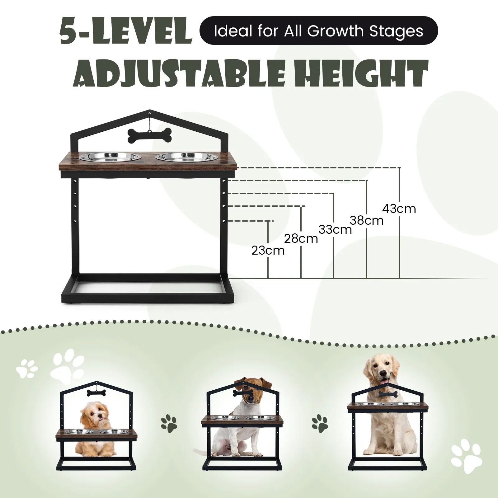NNECW 5 Heights Elevated Pet Feeder with Detachable Stainless Steel Bowl for Dogs-Coffee