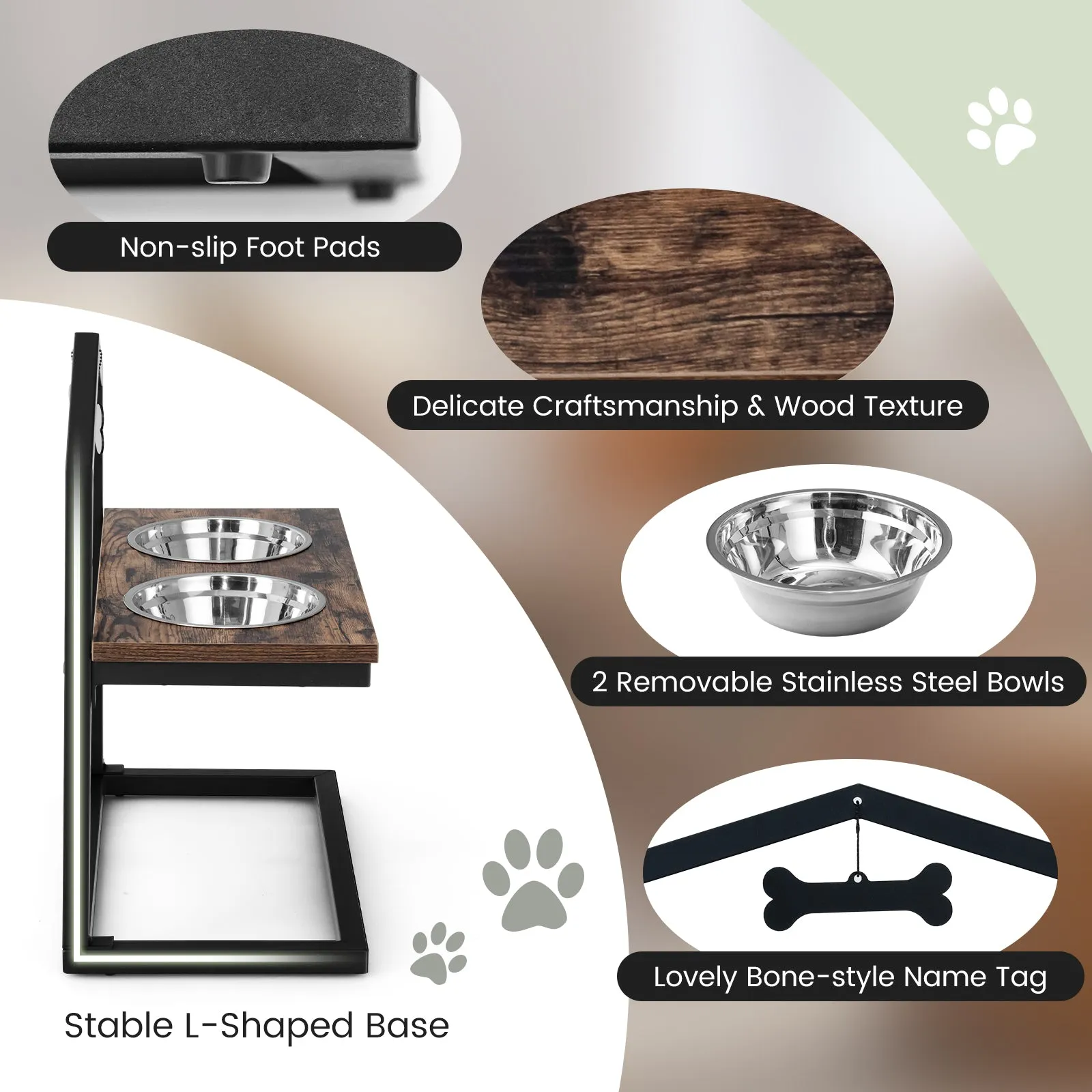 NNECW 5 Heights Elevated Pet Feeder with Detachable Stainless Steel Bowl for Dogs-Coffee