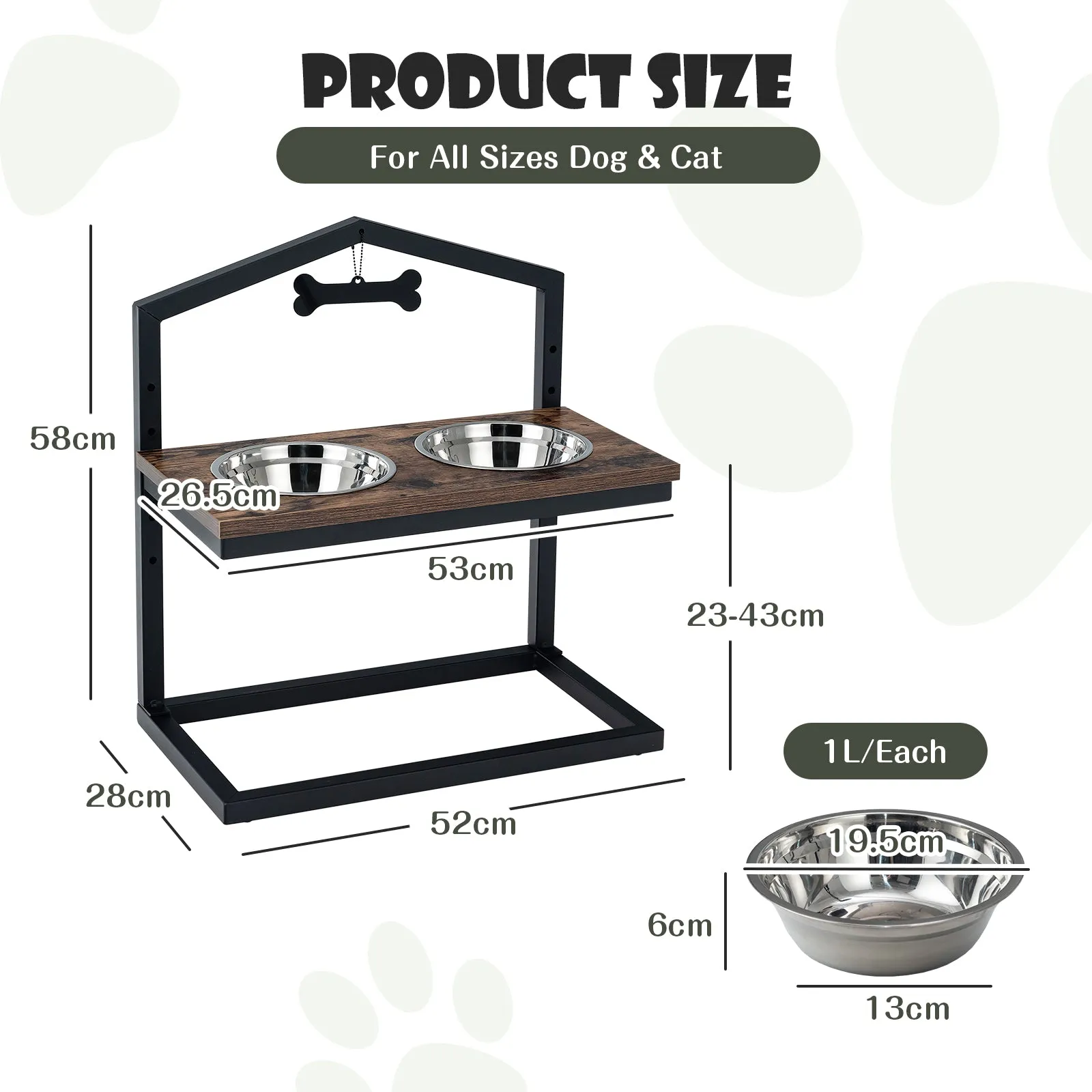 NNECW 5 Heights Elevated Pet Feeder with Detachable Stainless Steel Bowl for Dogs-Coffee