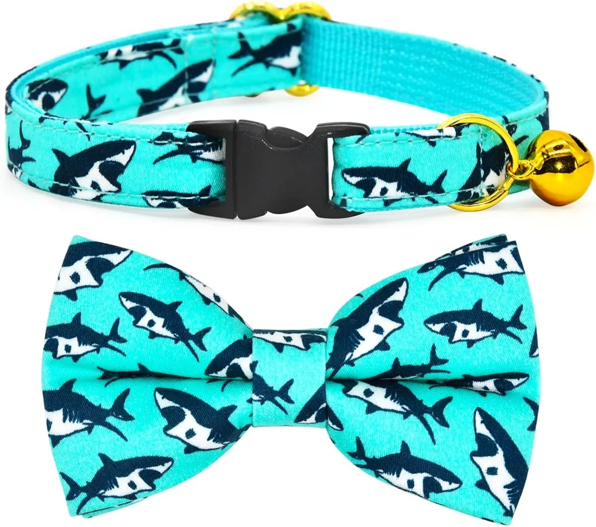 Oceanic Sharks Cat Breakaway Collar Bow Tie with Bell, Wedding/Birthday Cat Accessories