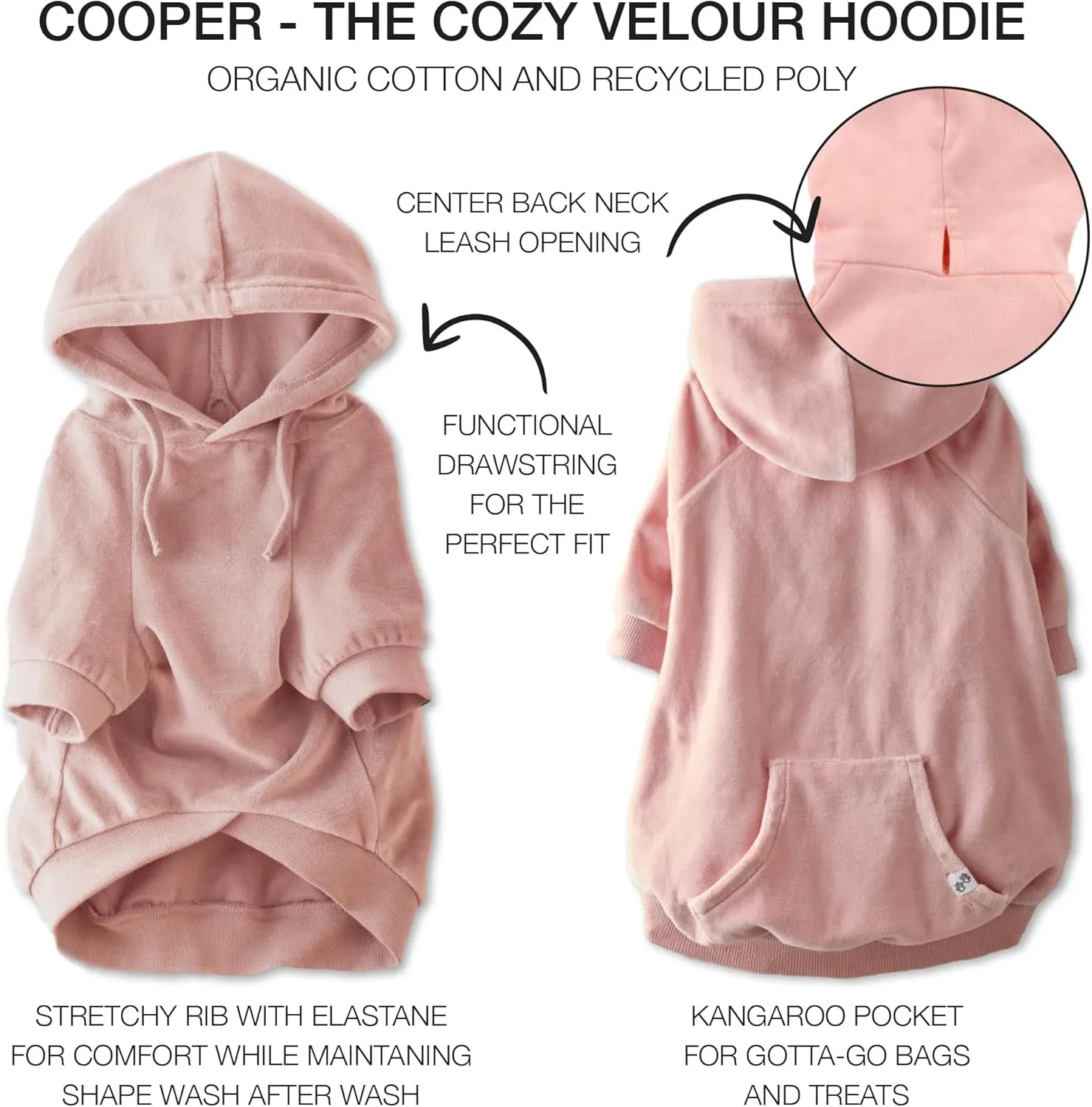 Organic Cotton Velour Dog Hoodie Pet Coat for Small, Medium and Large Dogs, Pink, Medium