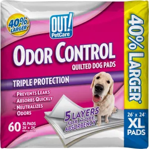 OUT! Petcare XL Dog Training Pads, Odor Control Dog Pads, Extra Large Pee Pads for Dogs, Puppy Pee Pads, Leak Proof, Disposable, 26"x24, 60 Count