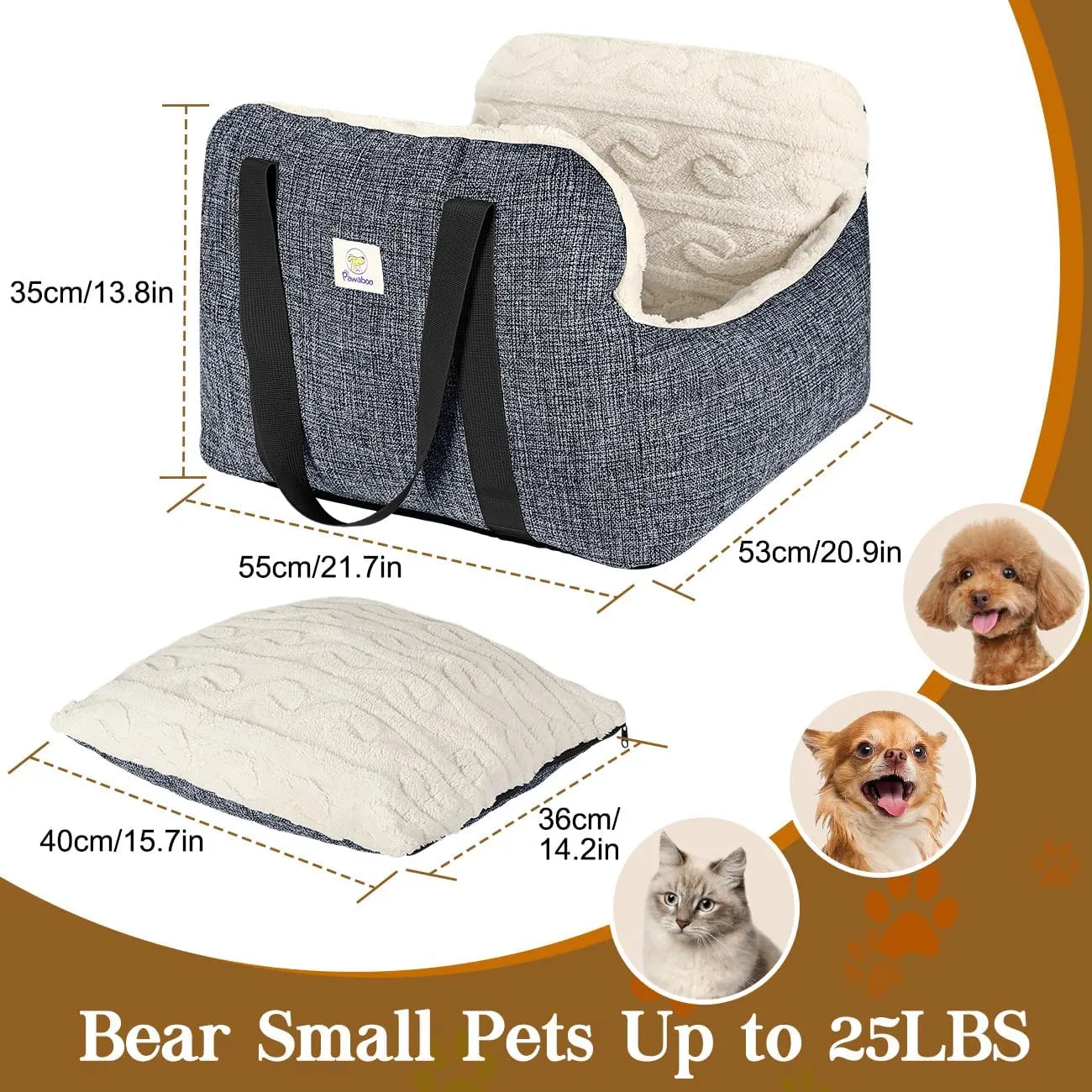 Pawaboo Dog Car Seat for Small Dogs, Soft Dog Booster Car Seat Under 25lbs, Puppy Portable Car Seat with Safety Leash and Thickened Memory Foam Filling, Pet Carseat Puppy Travel Carrier Bed (Grey)