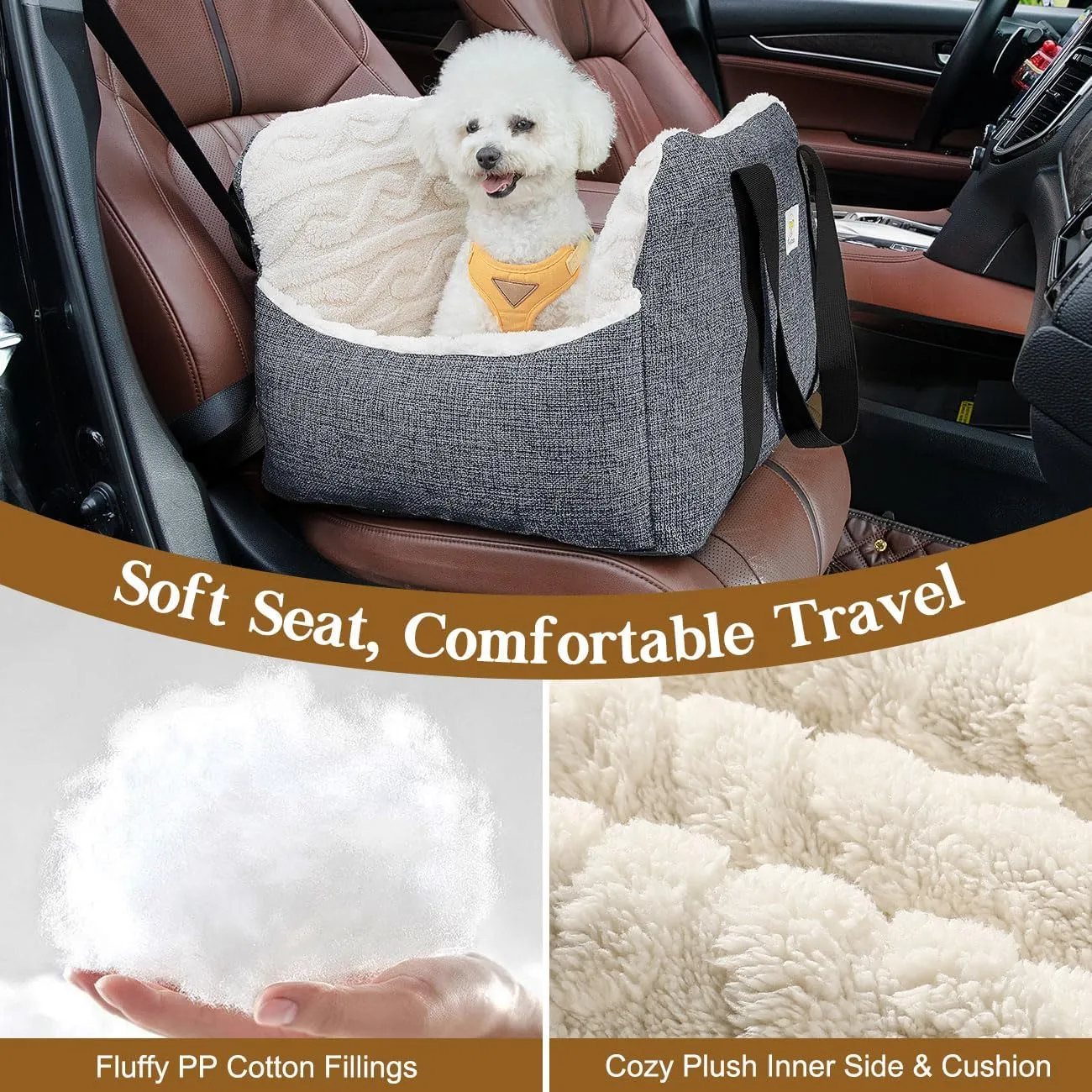 Pawaboo Dog Car Seat for Small Dogs, Soft Dog Booster Car Seat Under 25lbs, Puppy Portable Car Seat with Safety Leash and Thickened Memory Foam Filling, Pet Carseat Puppy Travel Carrier Bed (Grey)