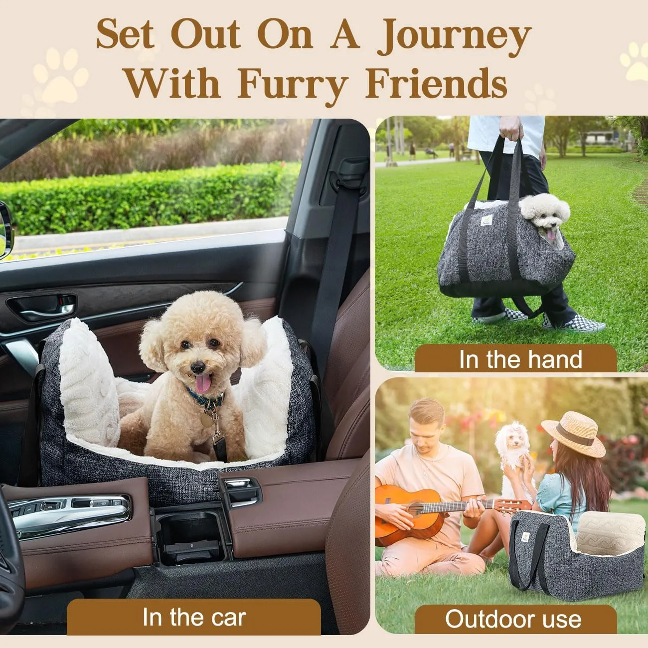 Pawaboo Dog Car Seat for Small Dogs, Soft Dog Booster Car Seat Under 25lbs, Puppy Portable Car Seat with Safety Leash and Thickened Memory Foam Filling, Pet Carseat Puppy Travel Carrier Bed (Grey)