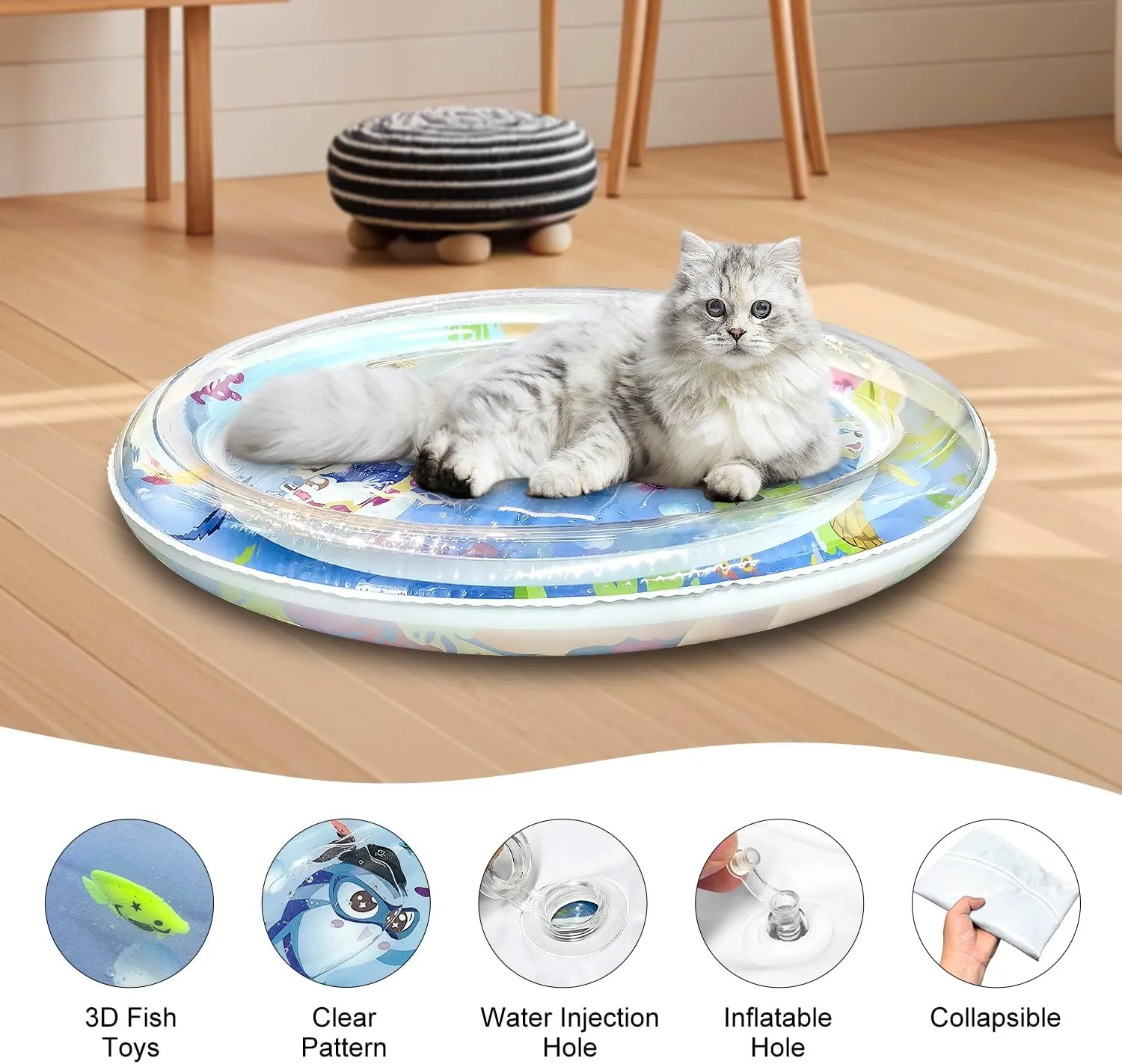 Pet Cooling Water Mat, [2025 Upgraded Two Layers & Thickened] Cat Dog Pad, Ocean Themed Round Sensory, Non-Slip Playmat, Floating Fish, for Indoor Cats Kitten, Durable & Easy-Clean (Dolphin)