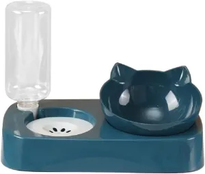 Pet Food Bowl and Water Bottle Set, Double Cat Dog Food Bowl with Automatic Gravity Water Dispenser Bottle, Detachable Tilted Raised Food Bowl for Small Medium Size Puppy Pet Dogs Cats (Blue)