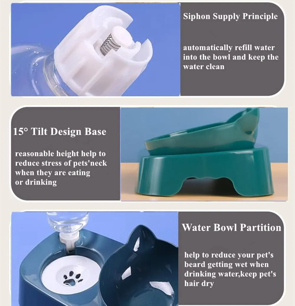 Pet Food Bowl and Water Bottle Set, Double Cat Dog Food Bowl with Automatic Gravity Water Dispenser Bottle, Detachable Tilted Raised Food Bowl for Small Medium Size Puppy Pet Dogs Cats (Blue)
