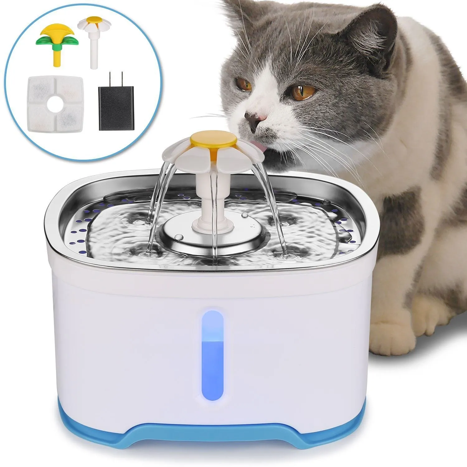 Pet Water Dispenser Fountain Cat Dog LED Light Drinking 2 Spray Heads