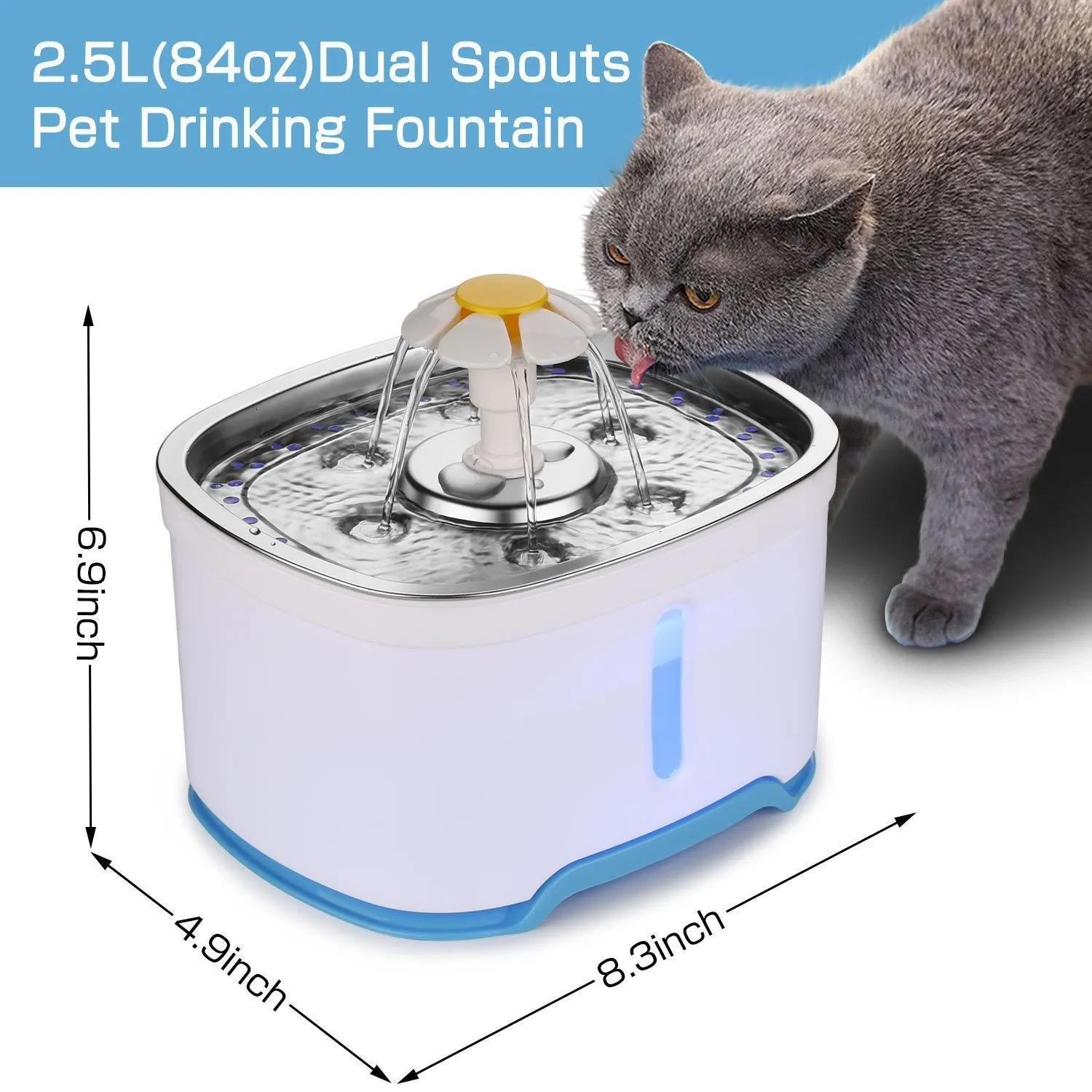 Pet Water Dispenser Fountain Cat Dog LED Light Drinking 2 Spray Heads