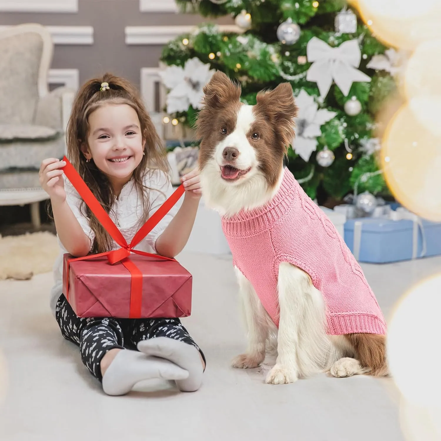 SCENEREAL Knitted Dog Sweater for Large Medium Small Dogs, Cat Dog Winter Coat Warm Sweatershirts Outfits, Classic Pet Clothes with Leash Hole, Soft Pet Knitwear Apparel for Girls Boys, Pink L