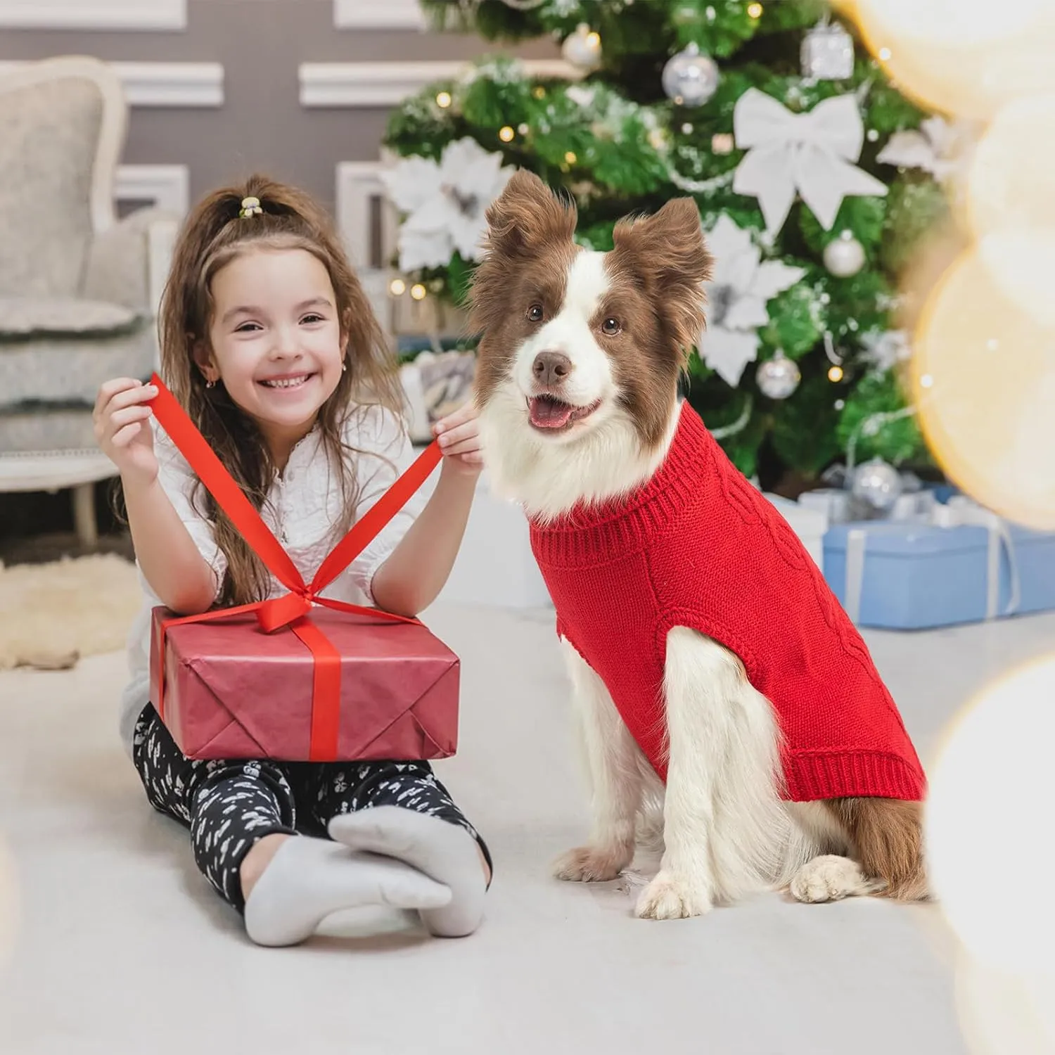 SCENEREAL Knitted Dog Sweater for Large Medium Small Dogs, Cat Dog Winter Coat Warm Sweatershirts Outfits, Classic Pet Clothes with Leash Hole, Soft Pet Knitwear Apparel for Girls Boys, Red L
