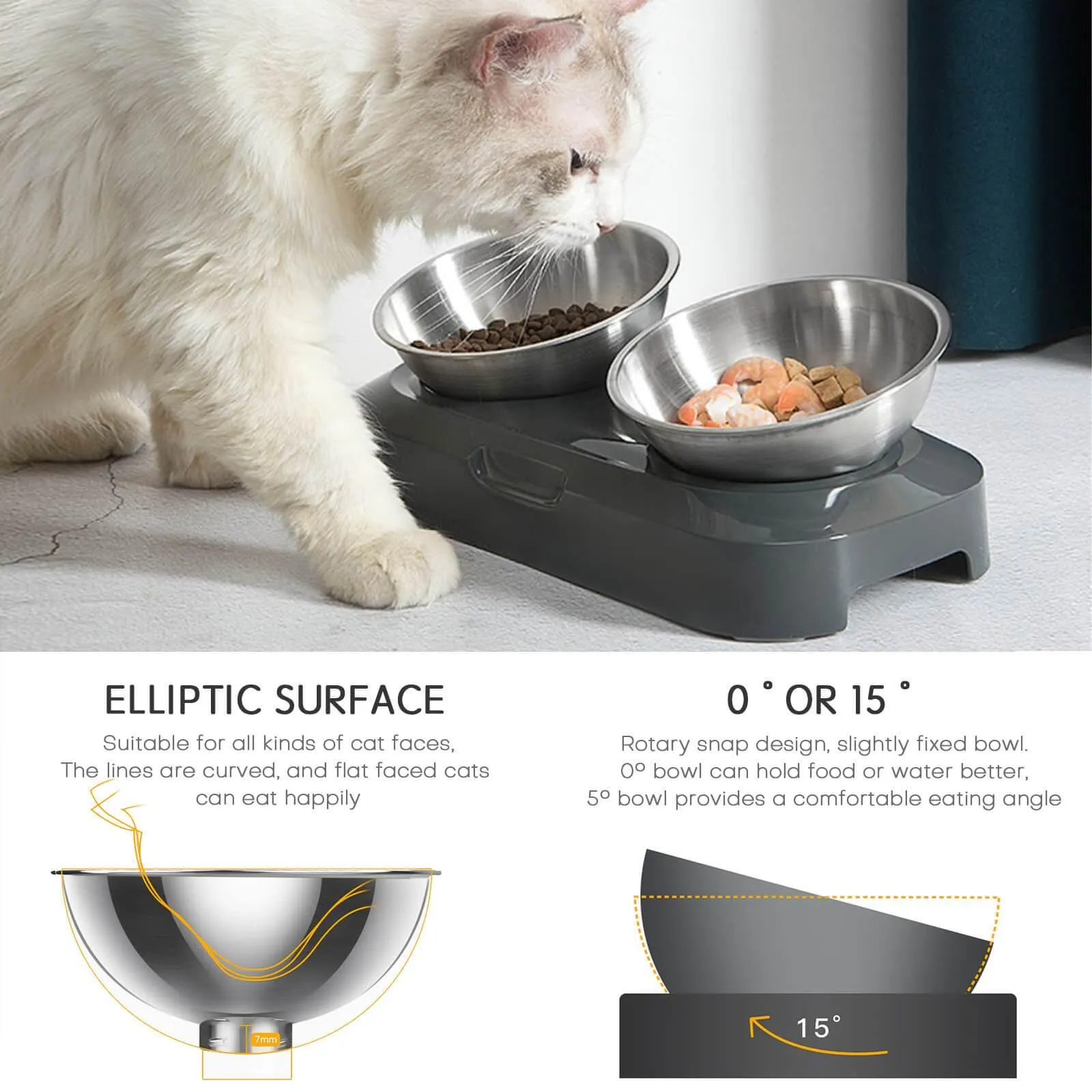 Single/Double Pet Bowls w/Raised Stand 15° Tilted Cat Feeder